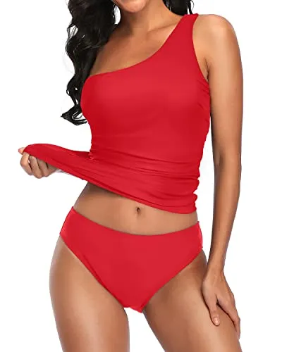 2 Piece Tummy Control Bathing Suit One Shoulder Tankini For Women-Red