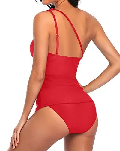 2 Piece Tummy Control Bathing Suit One Shoulder Tankini For Women-Red