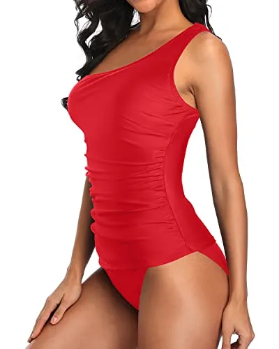 2 Piece Tummy Control Bathing Suit One Shoulder Tankini For Women-Red