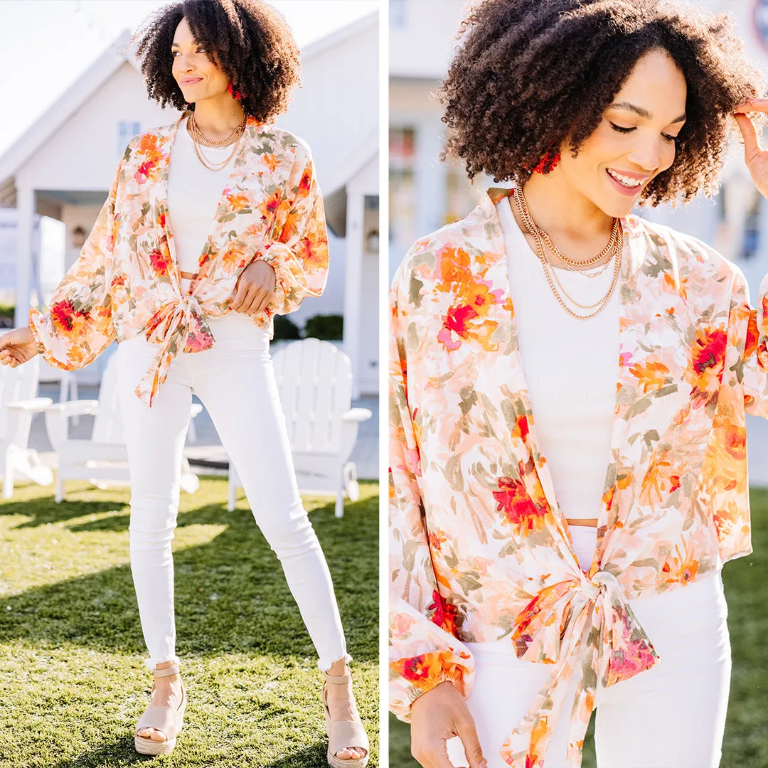 According To Me Peach Orange Floral Kimono