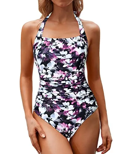 Adjustable Halter Neck Halter Backless Bathing Suits For Women-Purple Floral