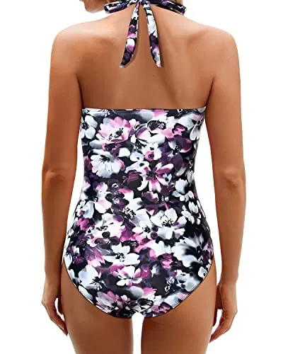 Adjustable Halter Neck Halter Backless Bathing Suits For Women-Purple Floral