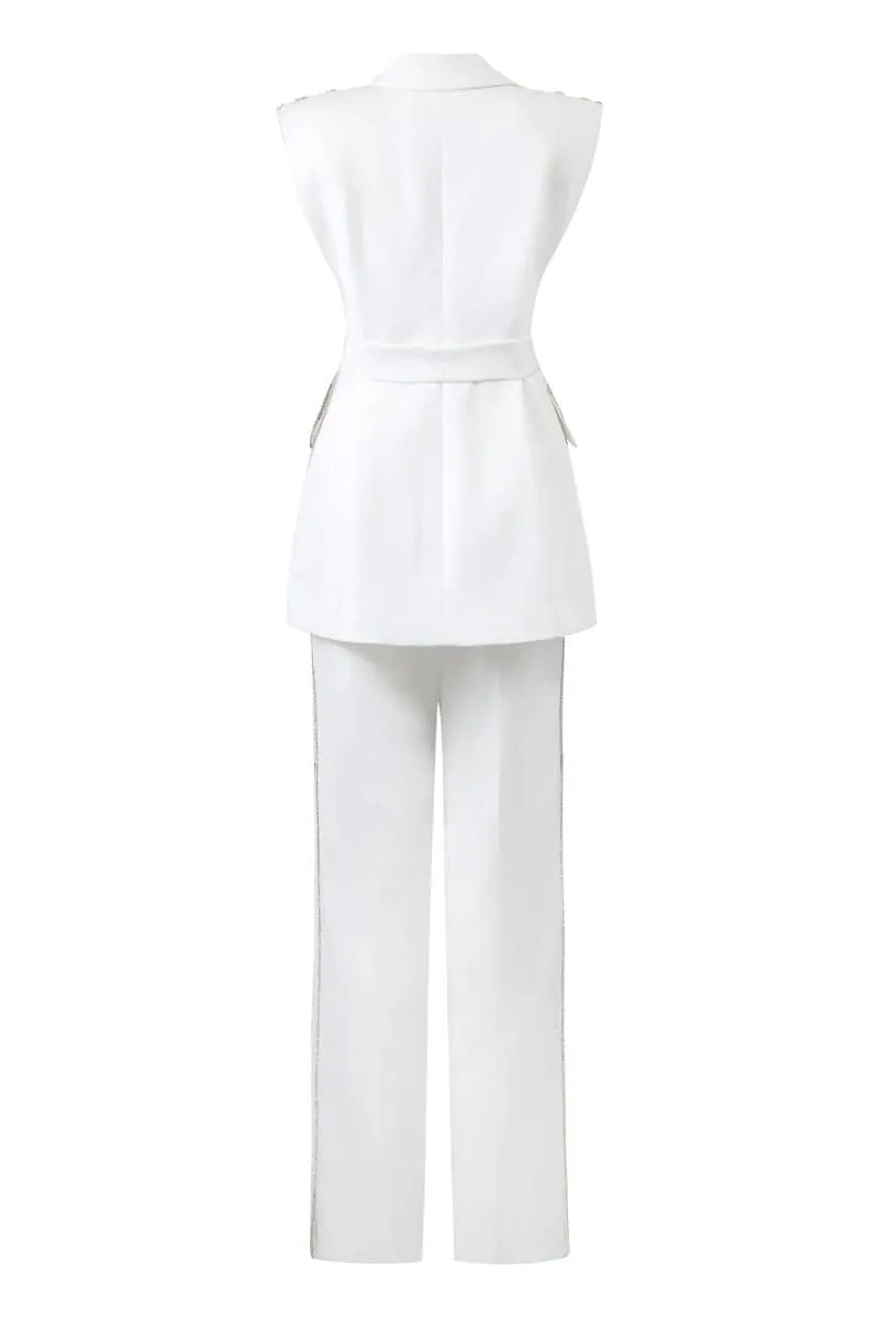 ALIVIA WHITE TEXTURE SLEEVELESS BLAZER AND PANTS SET