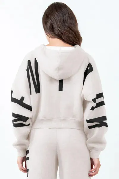 American Bazi Letter Graphic Long Sleeve Drawstring Cropped Hoodie