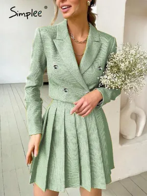 Amozae-Graduation Gift Big Sale Elegant a-line pleated two piece suit sets women Office lady v-neck button mini skirt set lapel Spring crop blazer suits