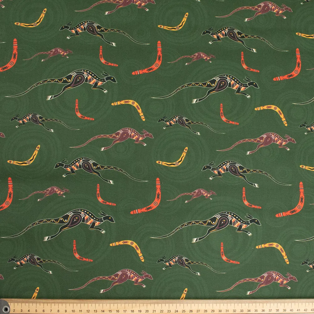 Australiana/Aboriginal Inspired Cotton Prints Design - Kangaroo & Boomerang on Olive Green