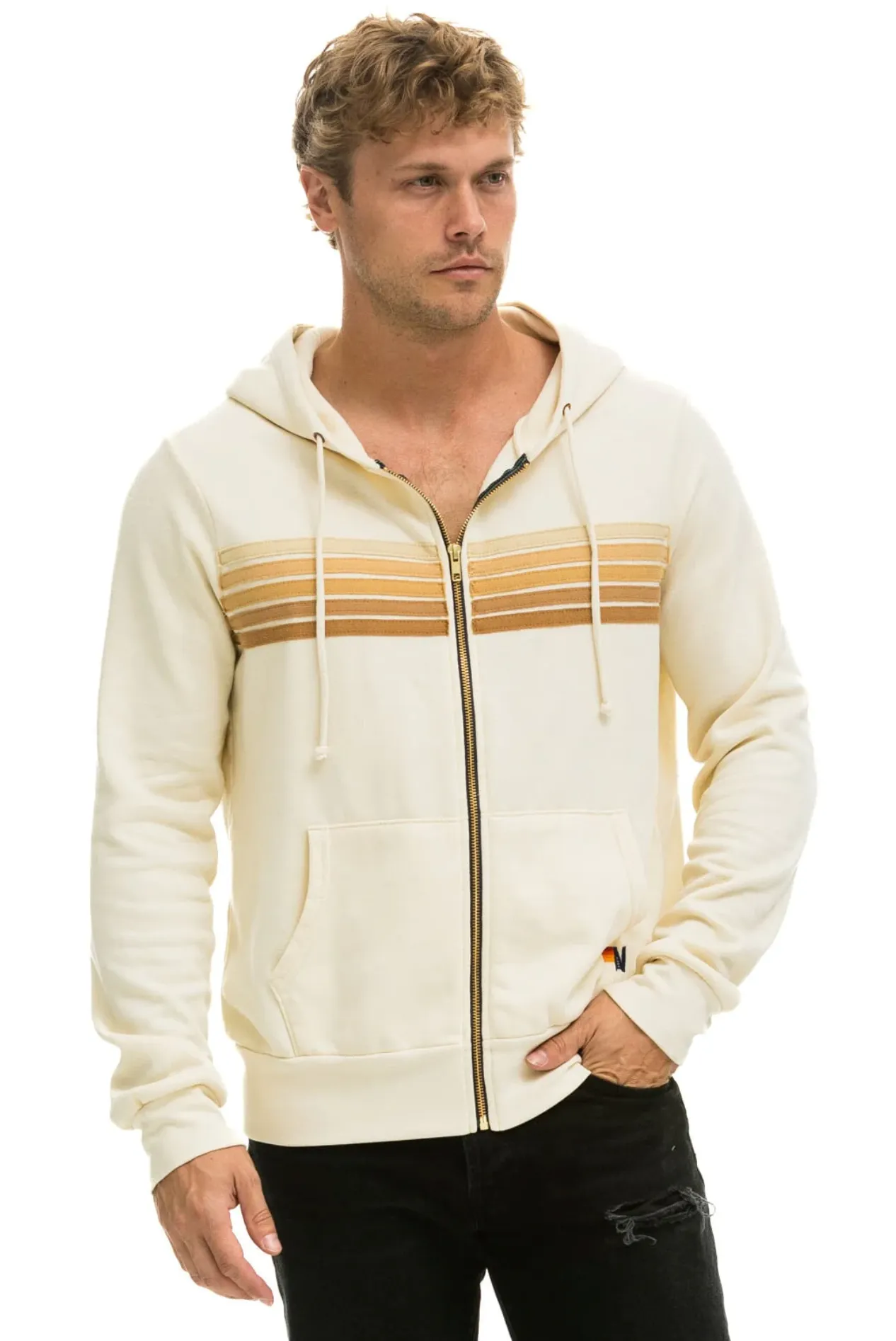 Aviator Nation 5 Stripe Zip Unisex Hoodie in VINTAGE WHITE // TAN