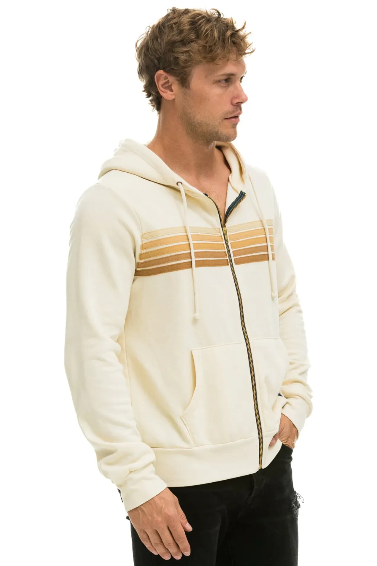 Aviator Nation 5 Stripe Zip Unisex Hoodie in VINTAGE WHITE // TAN