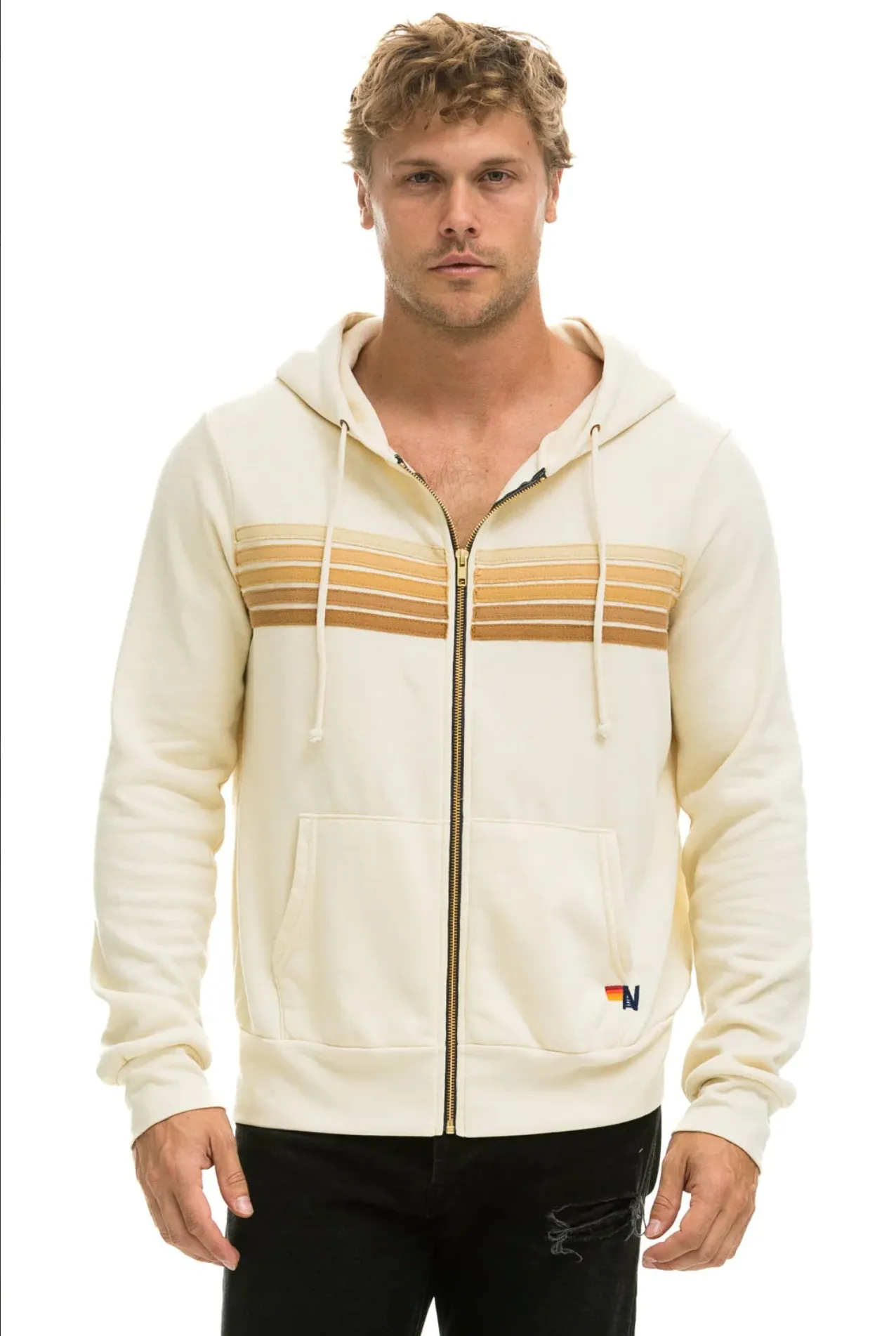 Aviator Nation 5 Stripe Zip Unisex Hoodie in VINTAGE WHITE // TAN