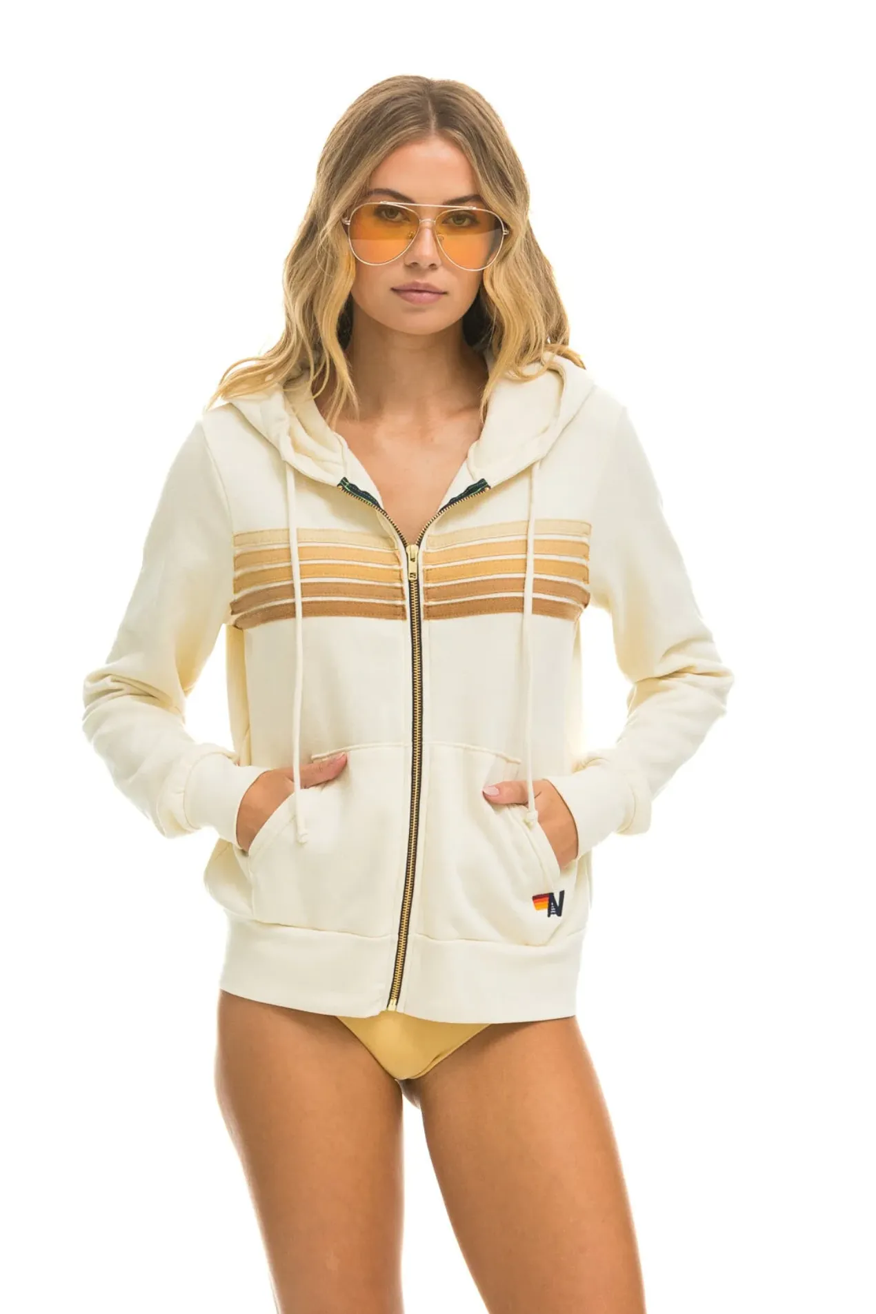 Aviator Nation 5 Stripe Zip Unisex Hoodie in VINTAGE WHITE // TAN