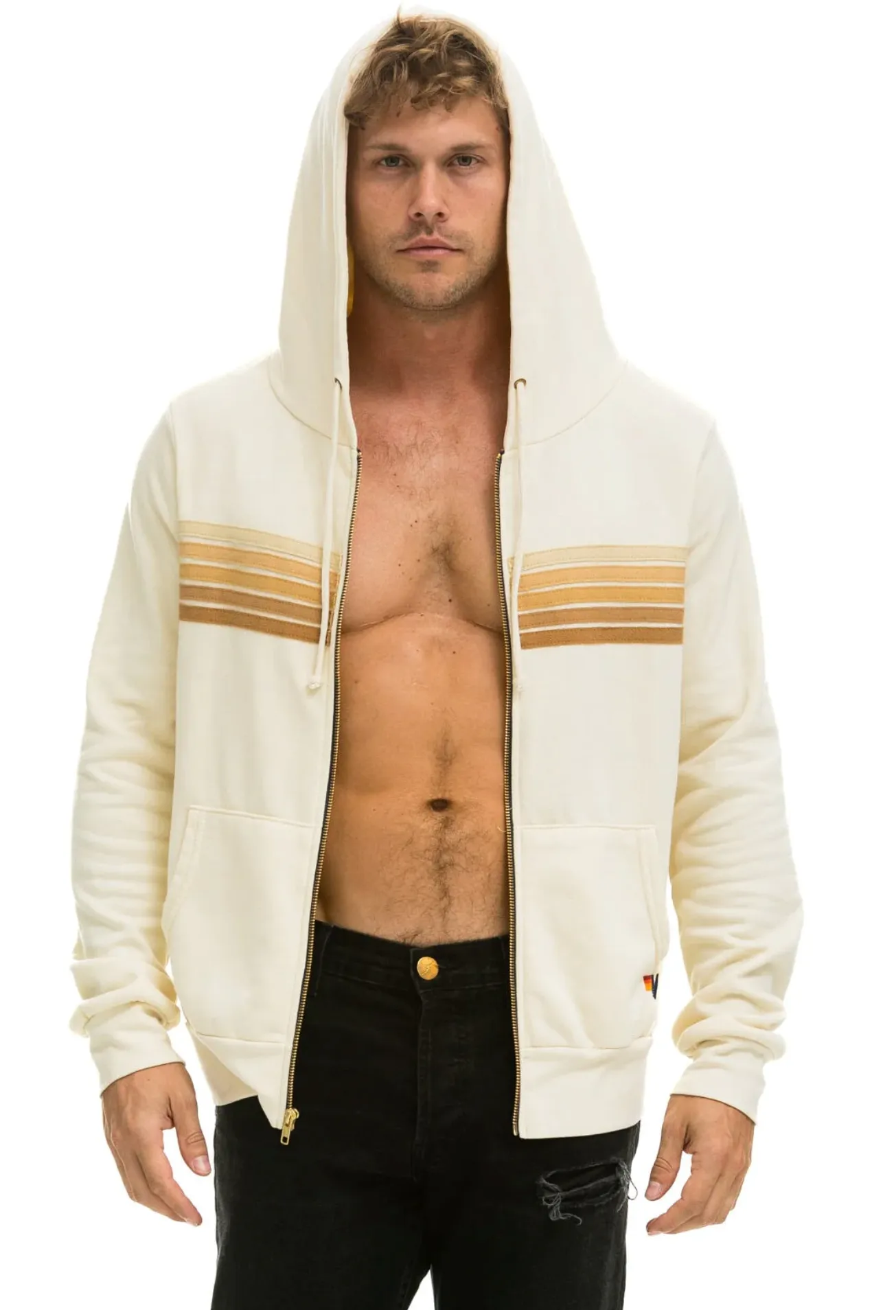 Aviator Nation 5 Stripe Zip Unisex Hoodie in VINTAGE WHITE // TAN