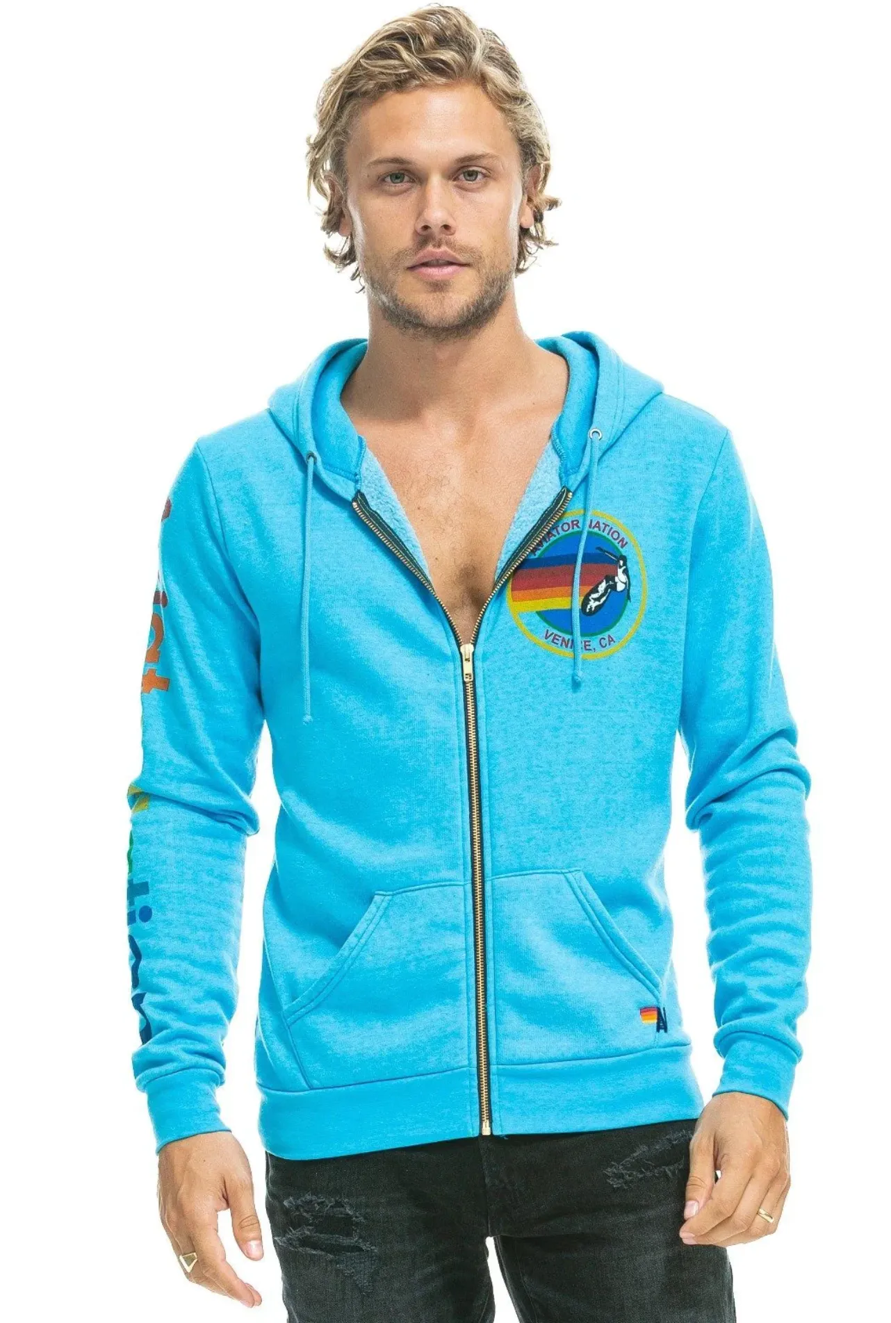 Aviator Nation Neon Zip Logo Unisex Hoodie in Neon Blue