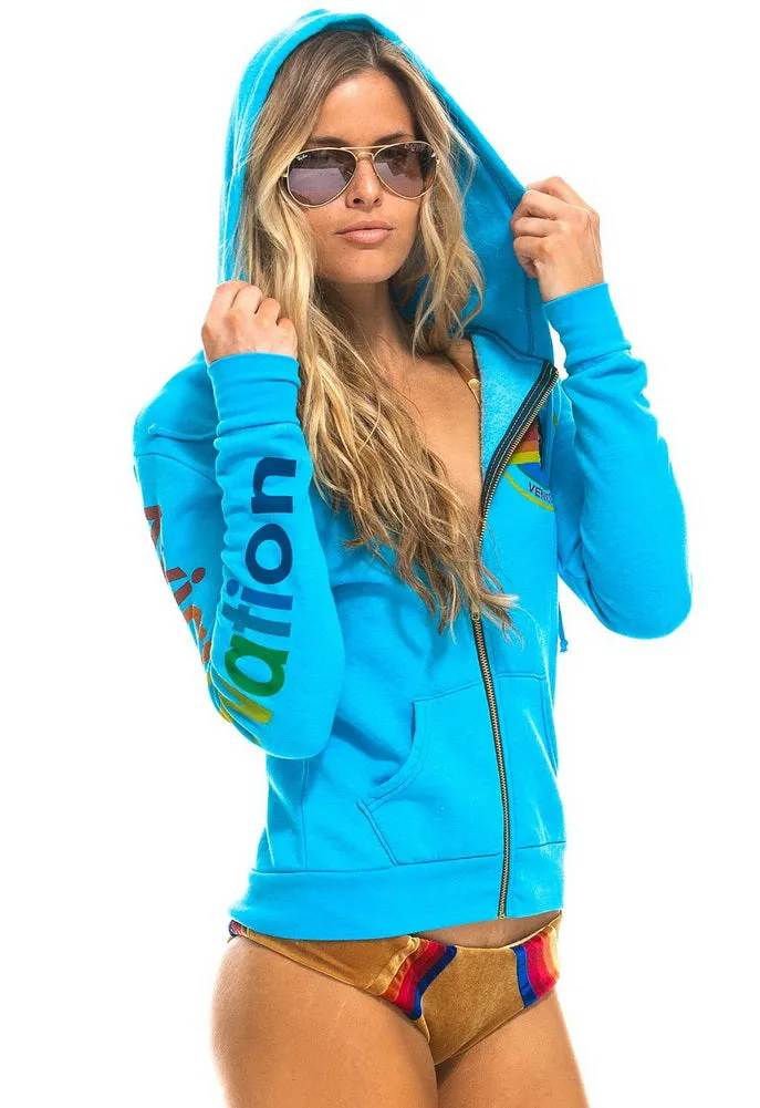 Aviator Nation Neon Zip Logo Unisex Hoodie in Neon Blue