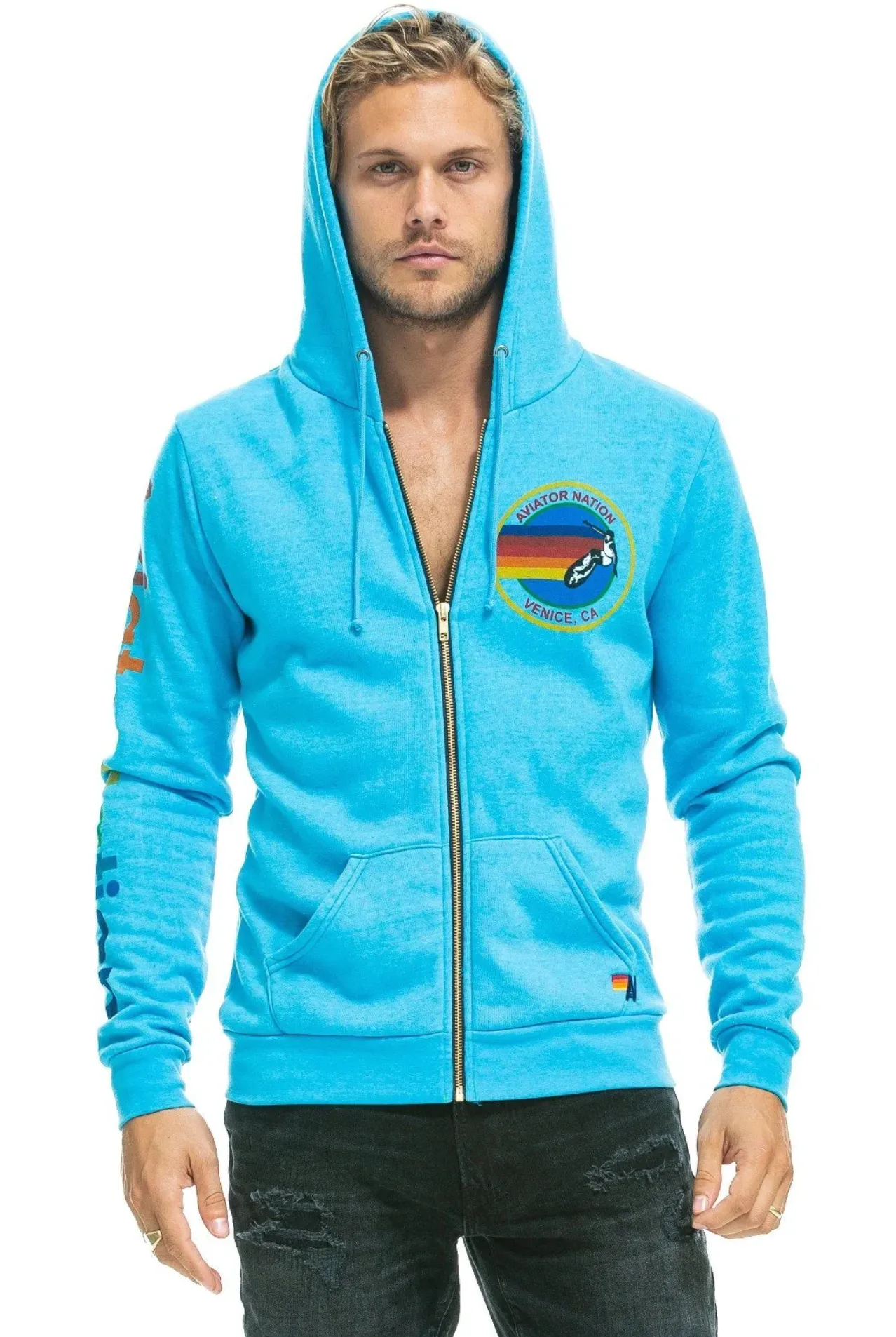 Aviator Nation Neon Zip Logo Unisex Hoodie in Neon Blue