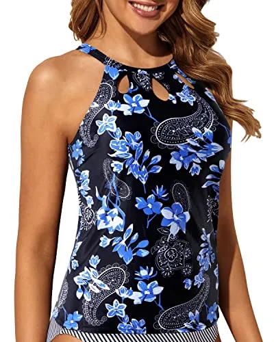 Backless Swim Tank Top High Neck Tankini Top-Blue Paisley