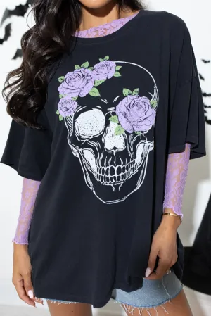 Black Floral Skull Graphic Halloween Tunic T Shirt