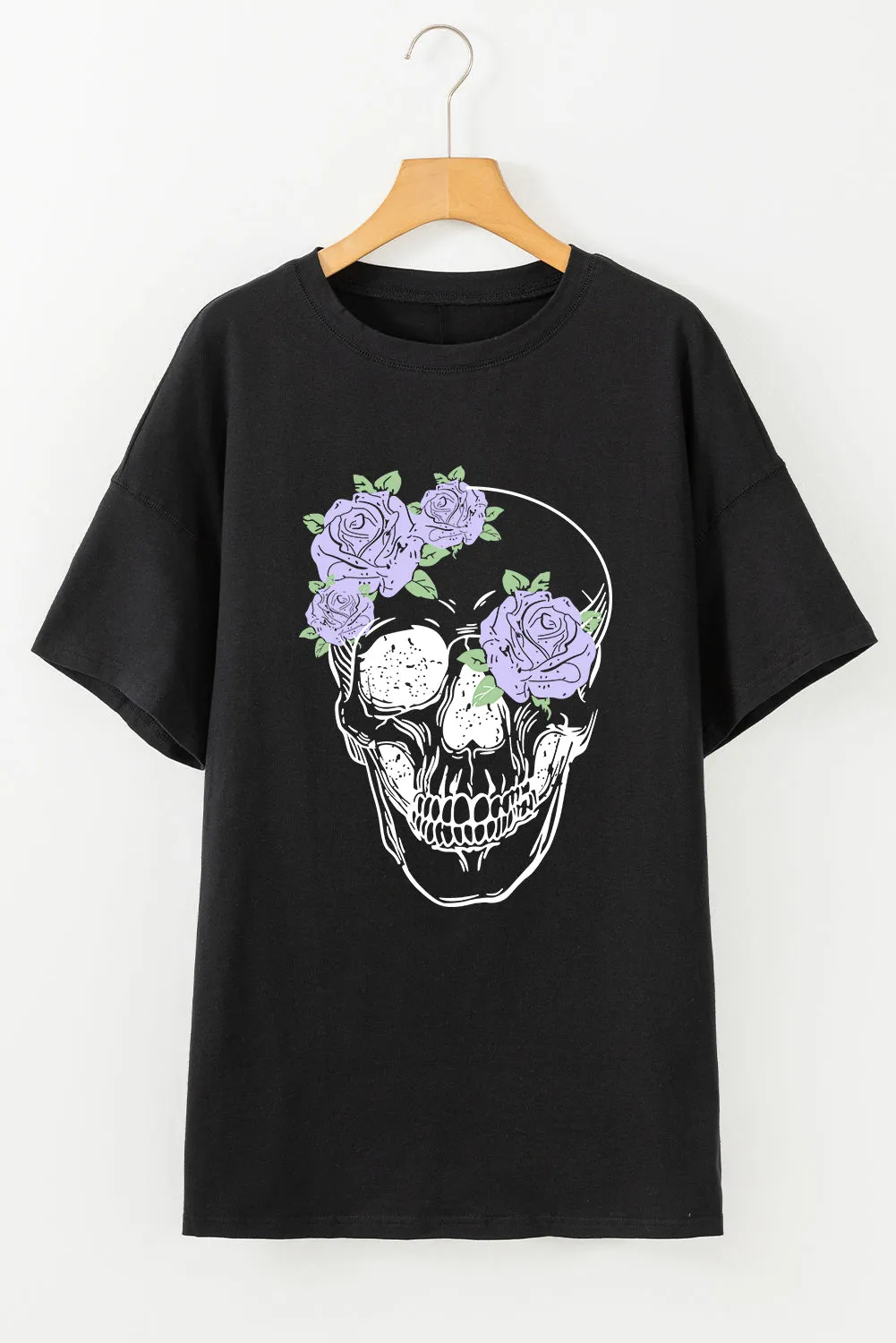 Black Floral Skull Graphic Halloween Tunic T Shirt