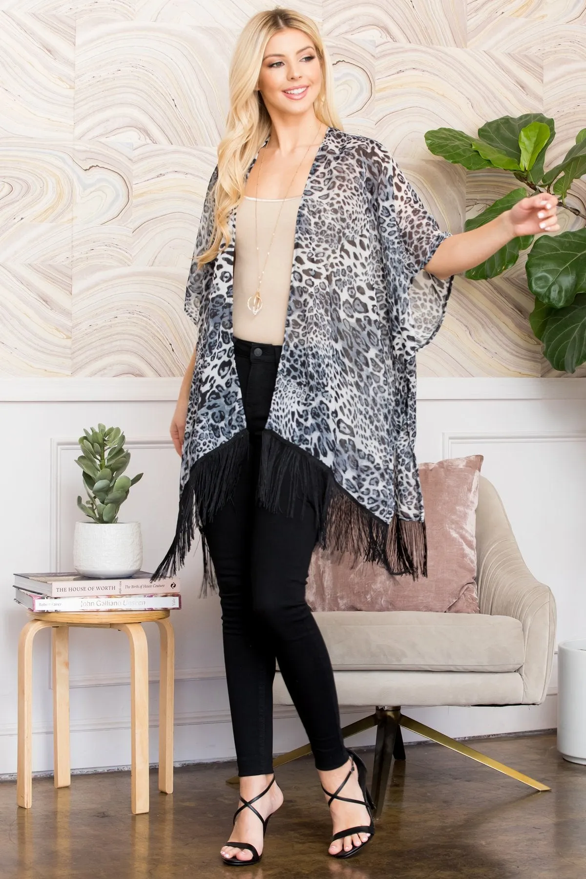 Black Leopard Fringe Kimono