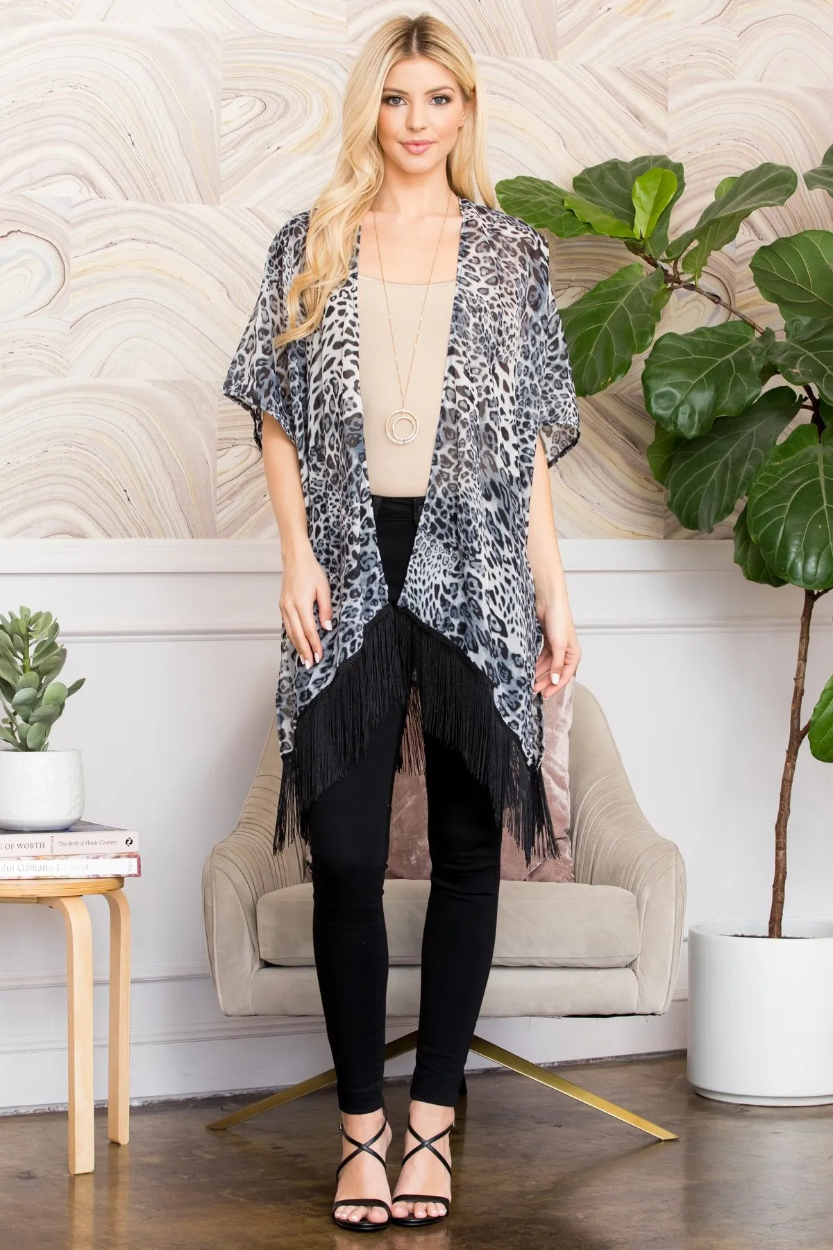 Black Leopard Fringe Kimono