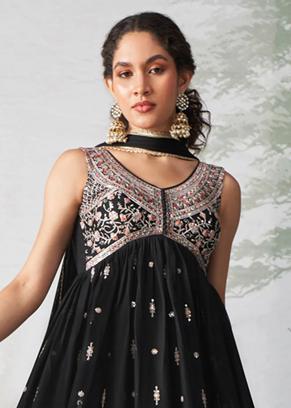 Black Multi Thread Embroidered Anarkali Style Suit