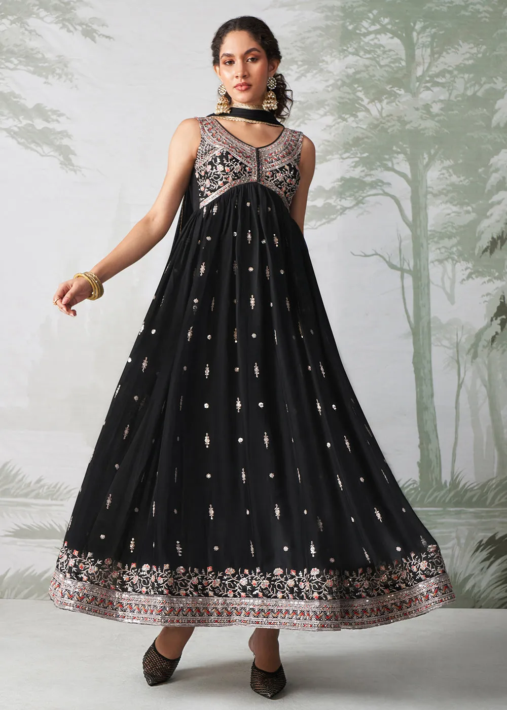 Black Multi Thread Embroidered Anarkali Style Suit