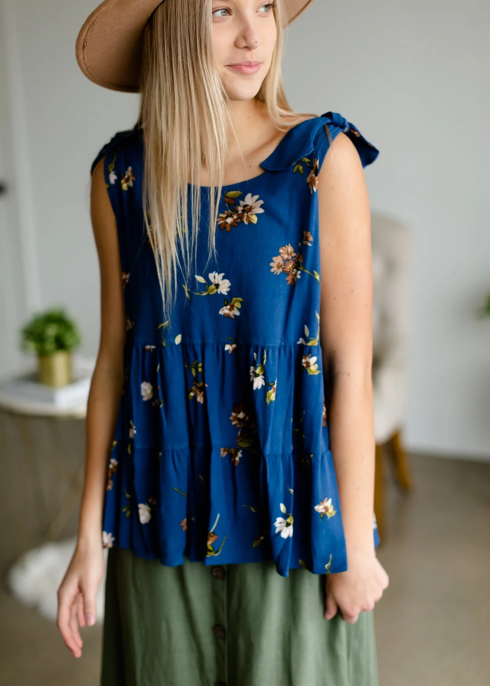 Blue Floral Tie Shoulder Top - FINAL SALE