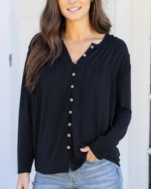 Button Front Black Ruched Top