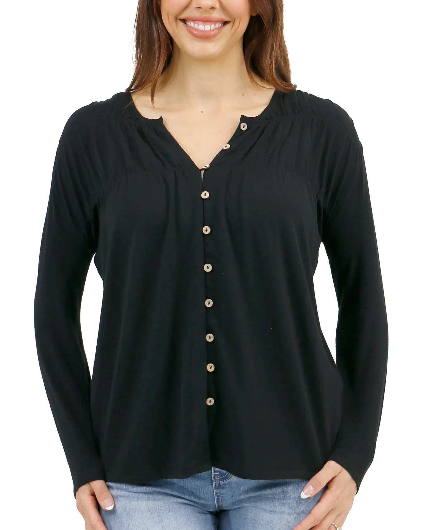 Button Front Black Ruched Top