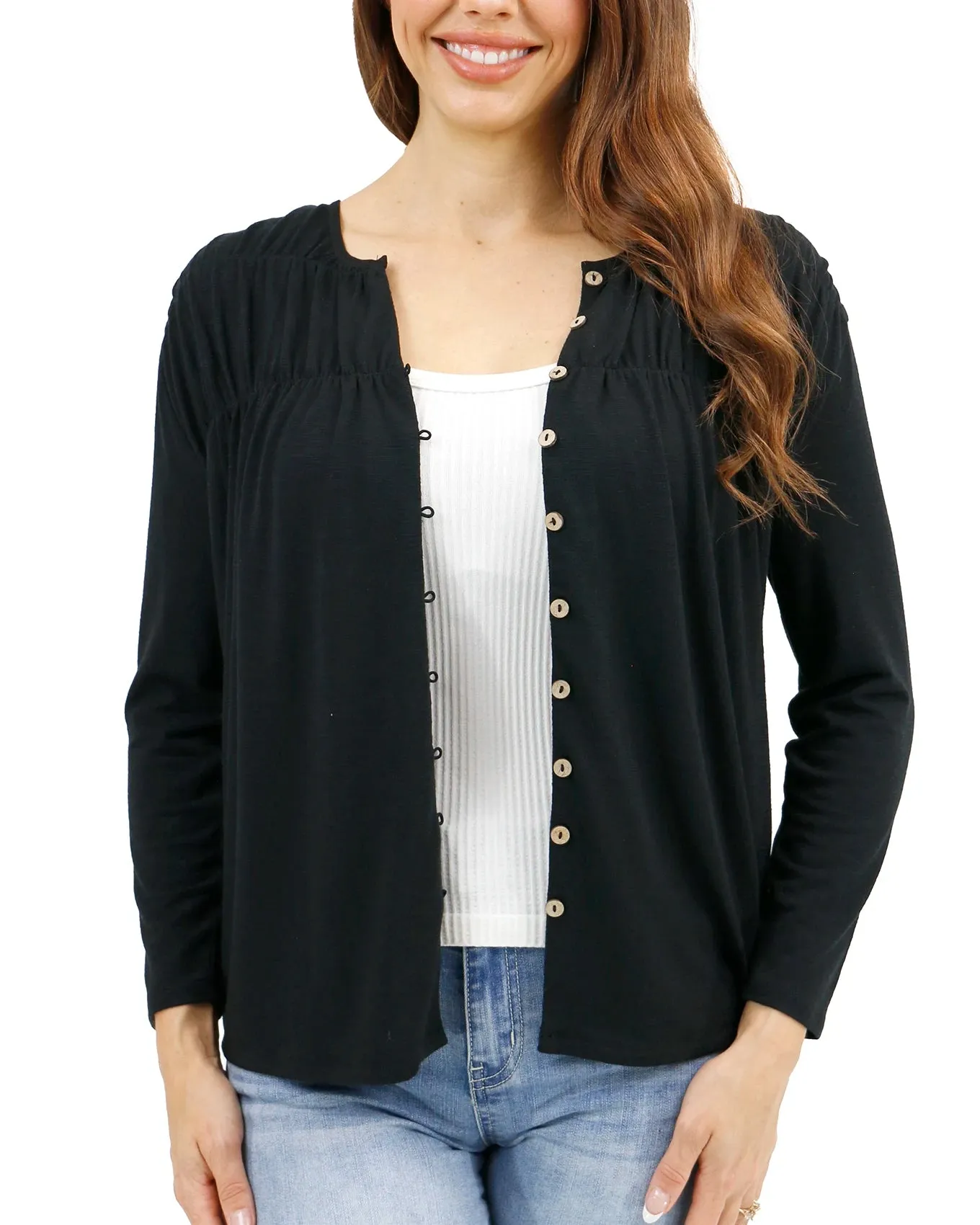 Button Front Black Ruched Top