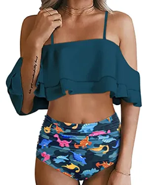 Charming High Waisted Ruffle Bikini Set For Women-Blue Green Dinosaur