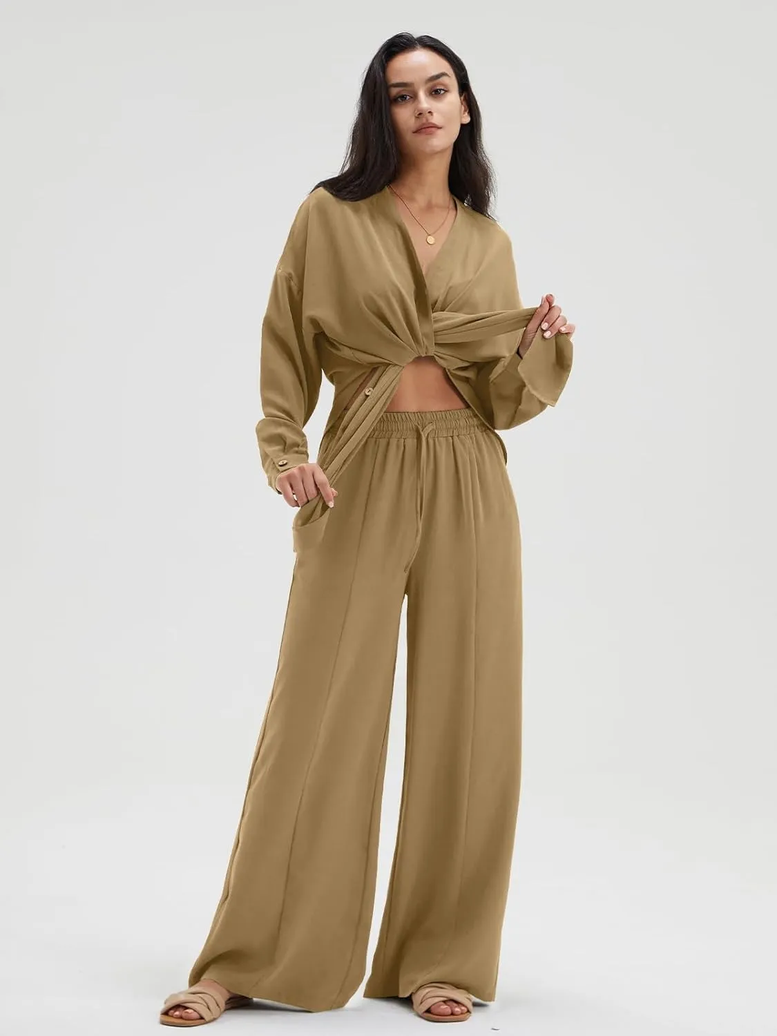 Chic Slit Hem Shirt & Flowy Wide-Leg Pant Set