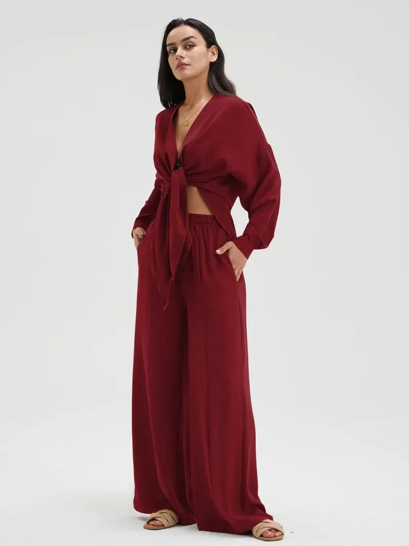 Chic Slit Hem Shirt & Flowy Wide-Leg Pant Set