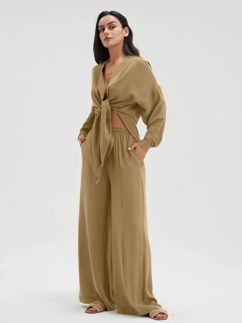 Chic Slit Hem Shirt & Flowy Wide-Leg Pant Set