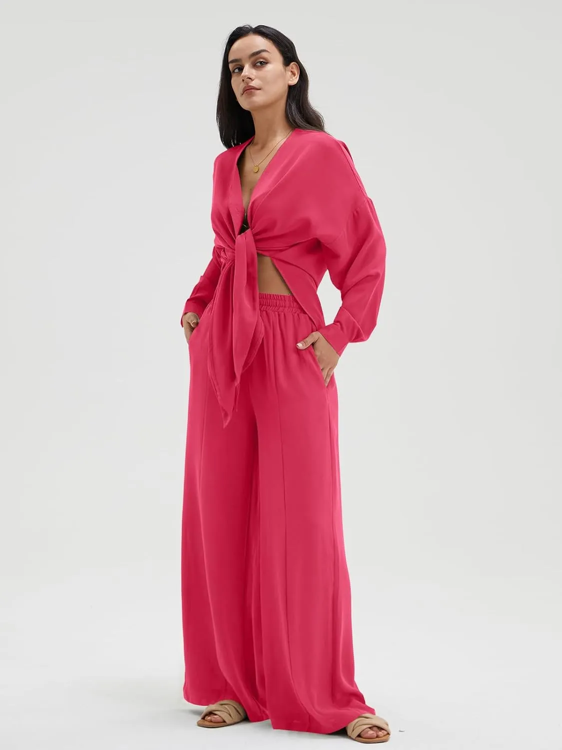 Chic Slit Hem Shirt & Flowy Wide-Leg Pant Set