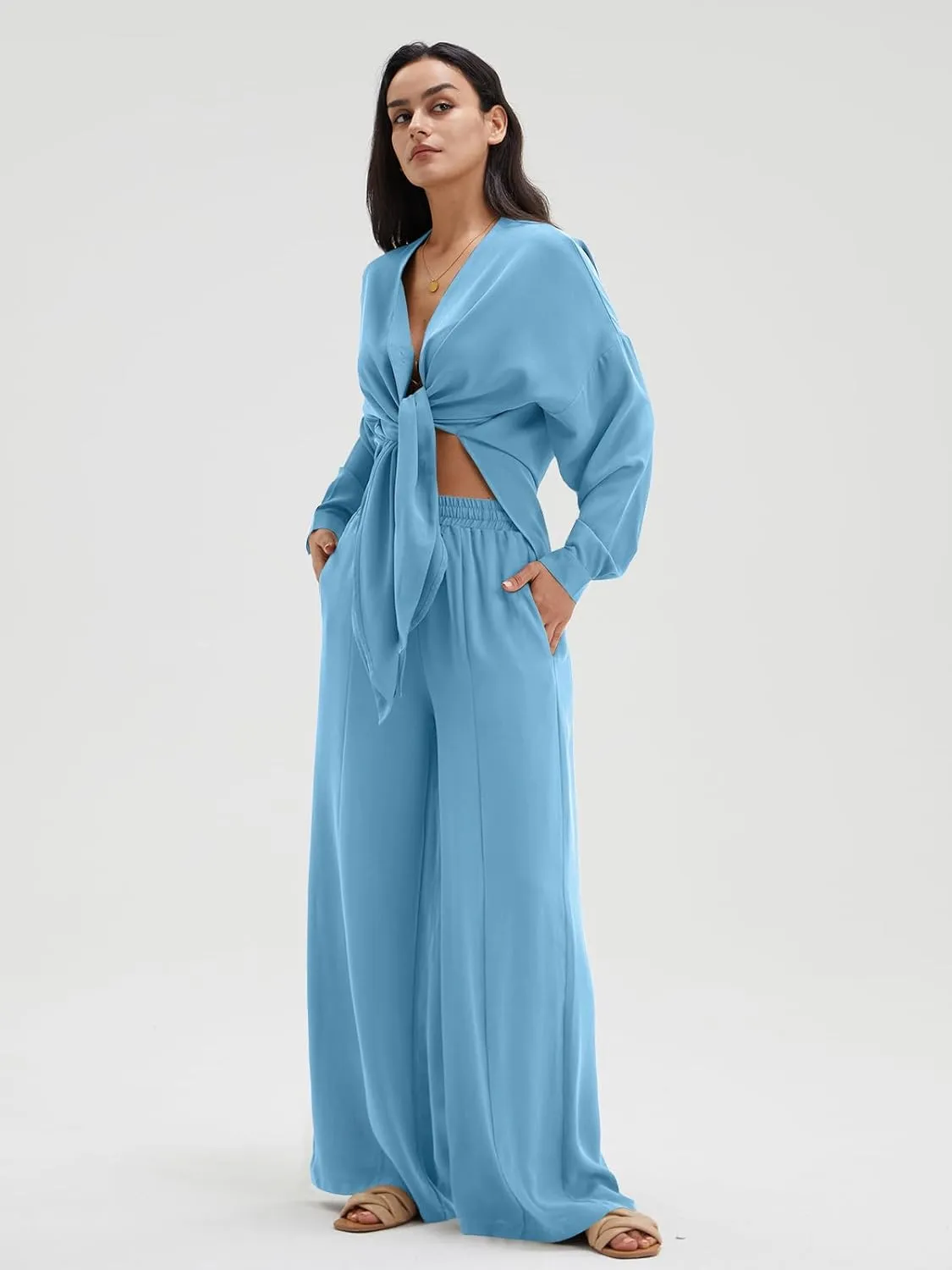 Chic Slit Hem Shirt & Flowy Wide-Leg Pant Set