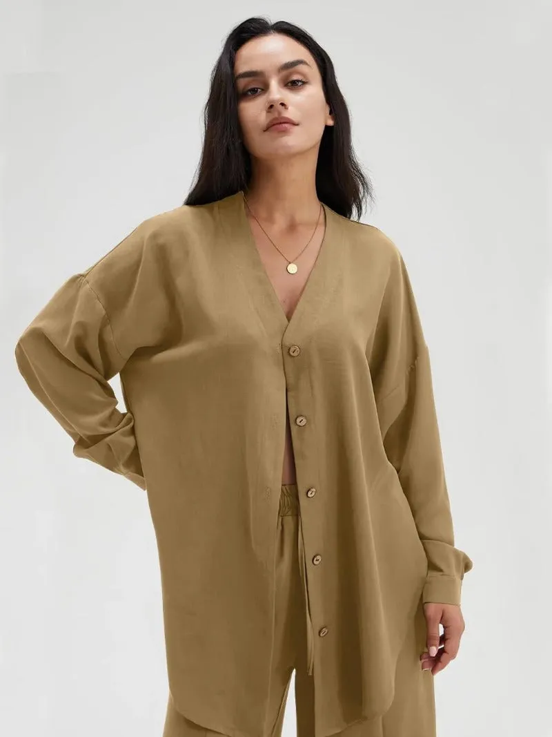 Chic Slit Hem Shirt & Flowy Wide-Leg Pant Set