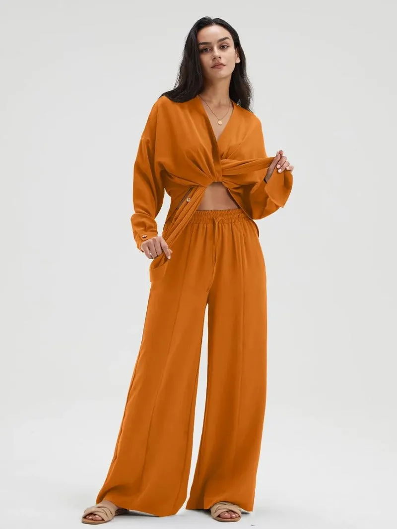 Chic Slit Hem Shirt & Flowy Wide-Leg Pant Set