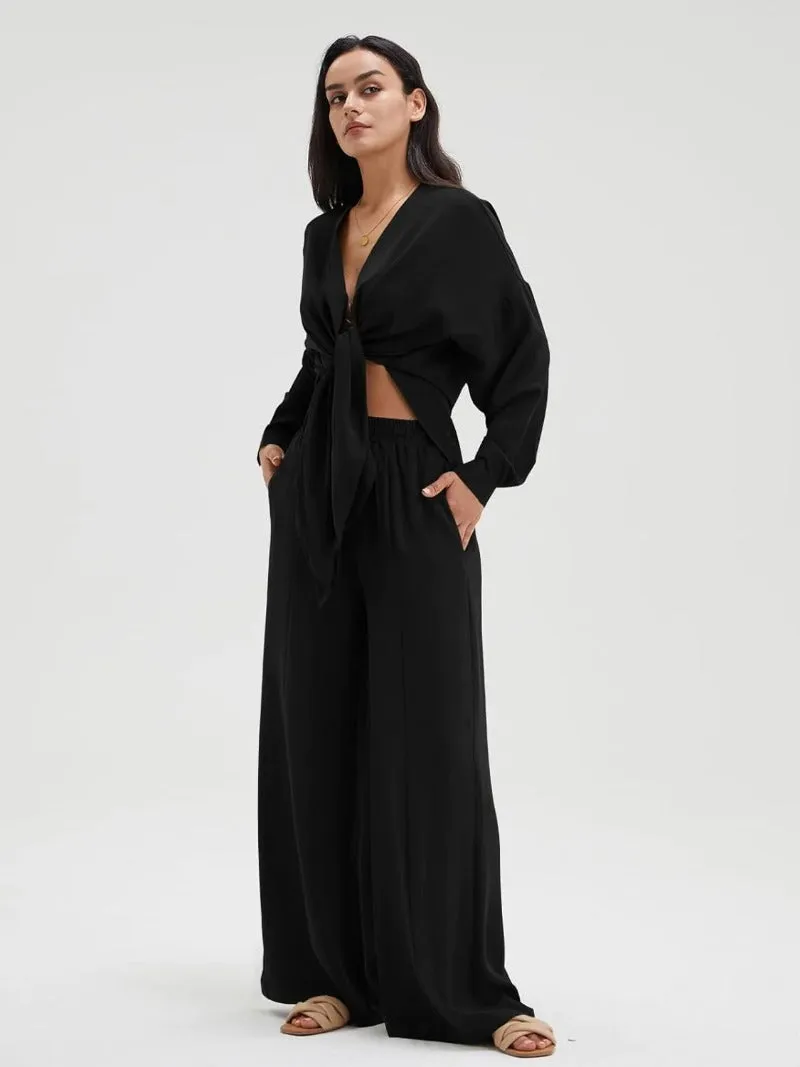 Chic Slit Hem Shirt & Flowy Wide-Leg Pant Set