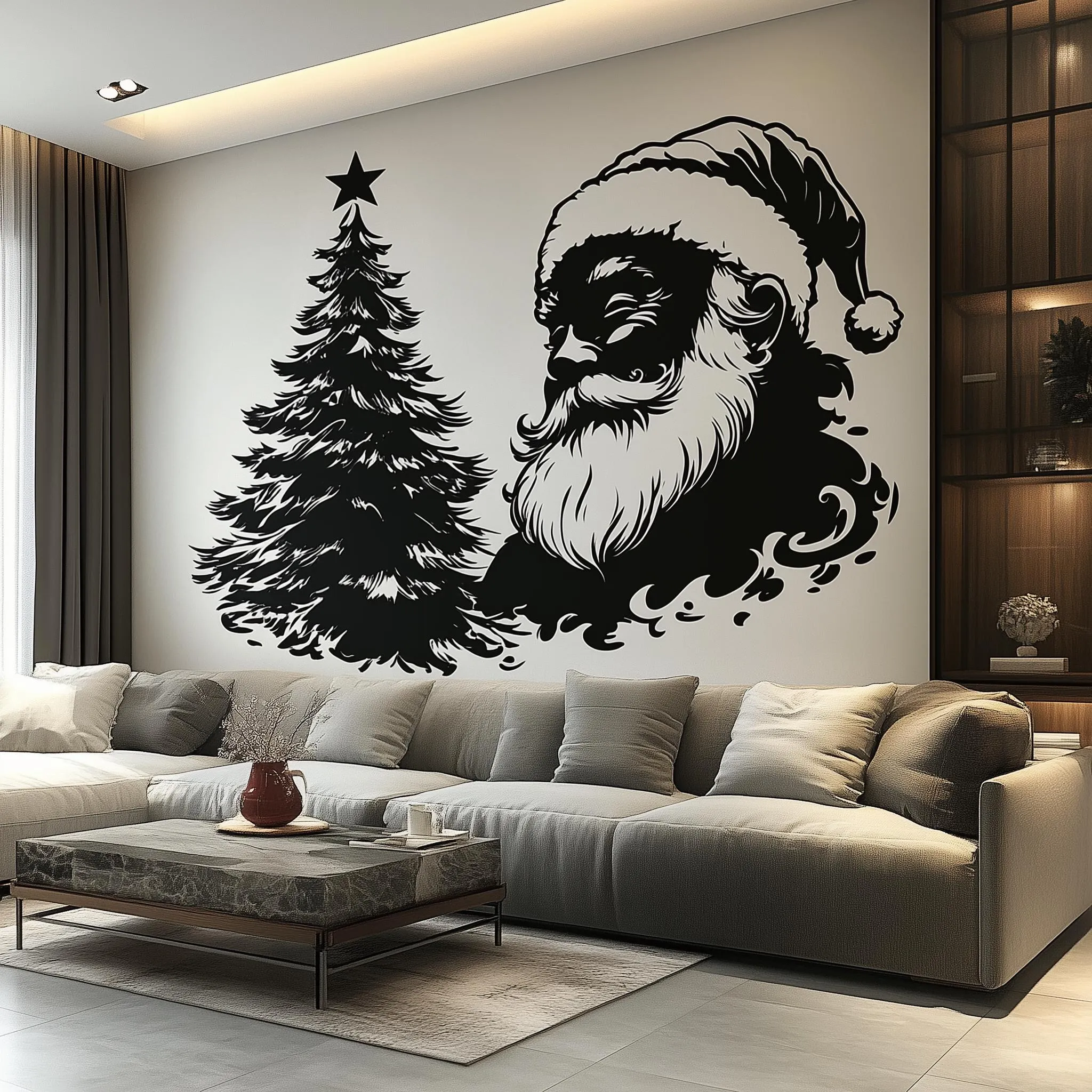 Classic Santa & Tree Wall Mural | Monochrome Christmas Decor | Elegant Holiday Wall Art | Minimalist Santa Wall Sticker Festive Black Decor