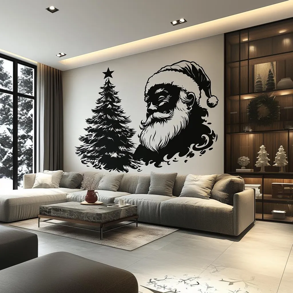 Classic Santa & Tree Wall Mural | Monochrome Christmas Decor | Elegant Holiday Wall Art | Minimalist Santa Wall Sticker Festive Black Decor