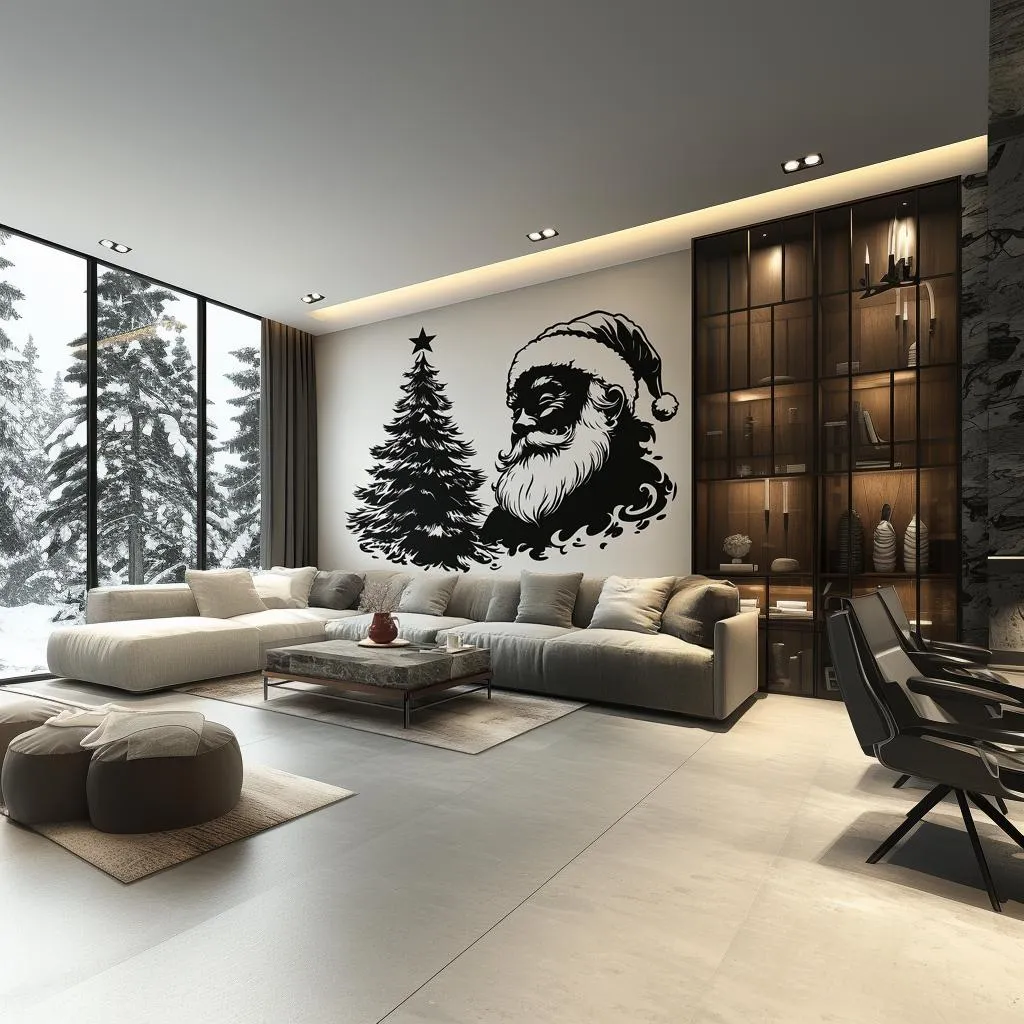 Classic Santa & Tree Wall Mural | Monochrome Christmas Decor | Elegant Holiday Wall Art | Minimalist Santa Wall Sticker Festive Black Decor