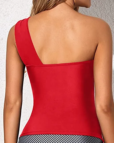 Classy Ruched Tankini Top Asymmetric Cut Swim Tops-Red