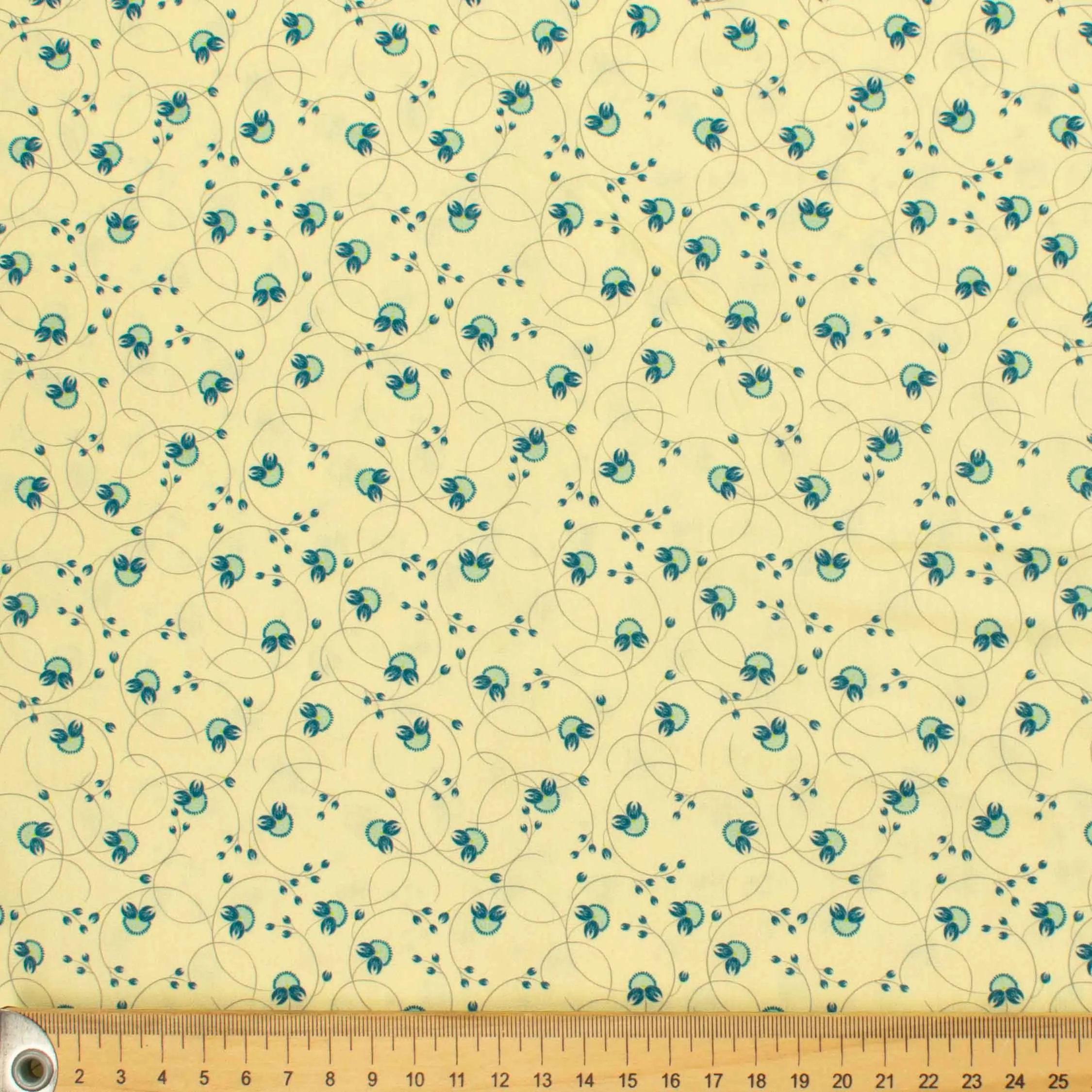 Country Side Collection #21 Blue Floral Vines on Pale Yellow Cotton Prints