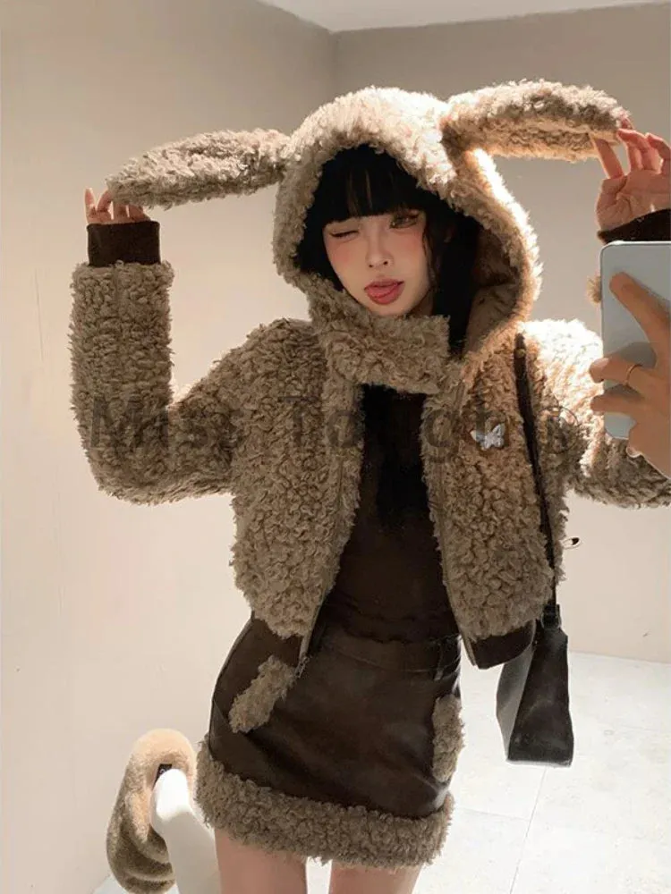 Fashionkova Kawaii Warm Elegant Two Piece Set Women Sweet Korea Casual Skirt Suits Female Cute Hooded Coat   Leather Y2k Skirt Winter 2024