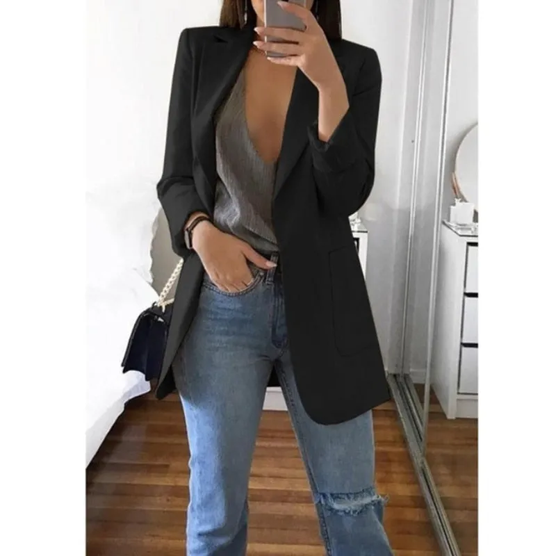 Fashionkova  Office Lady Blazer Coats Lapel Long Sleeve Solid Cardigan Jackets Black Plus Size Lining Pocket Suits Blazer 17 Colors