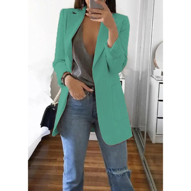 Fashionkova  Office Lady Blazer Coats Lapel Long Sleeve Solid Cardigan Jackets Black Plus Size Lining Pocket Suits Blazer 17 Colors