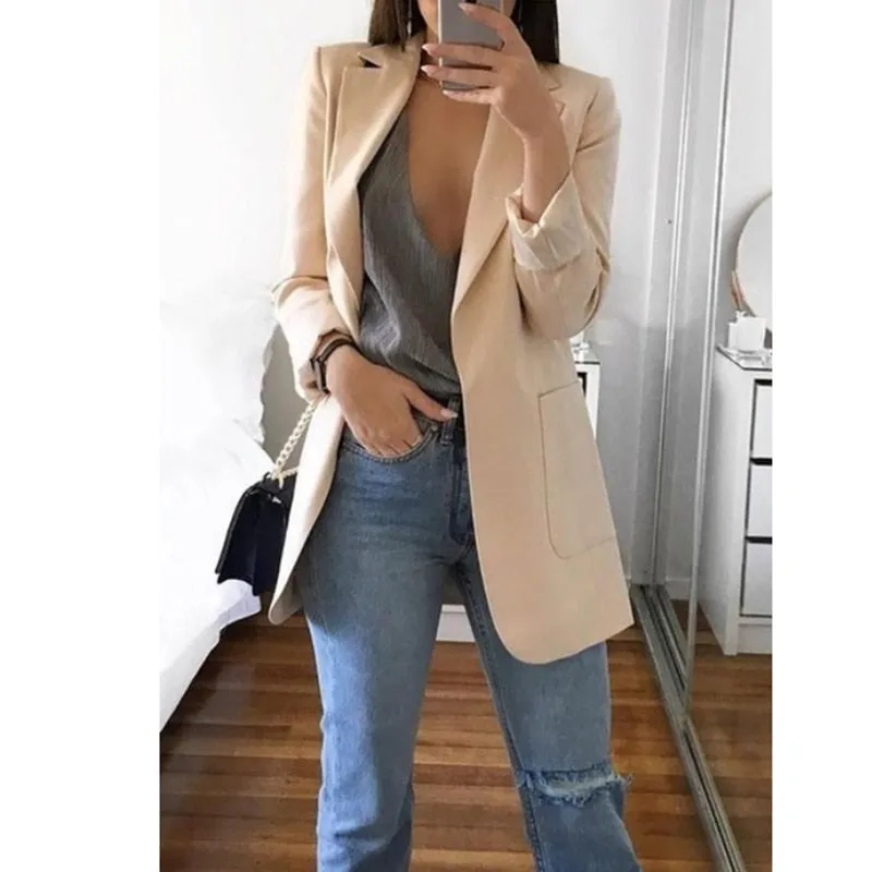 Fashionkova  Office Lady Blazer Coats Lapel Long Sleeve Solid Cardigan Jackets Black Plus Size Lining Pocket Suits Blazer 17 Colors