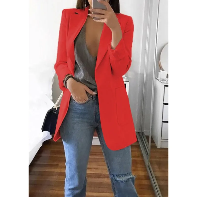 Fashionkova  Office Lady Blazer Coats Lapel Long Sleeve Solid Cardigan Jackets Black Plus Size Lining Pocket Suits Blazer 17 Colors