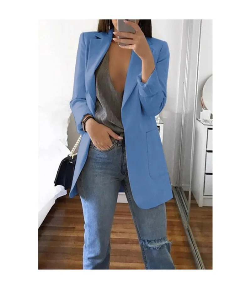 Fashionkova  Office Lady Blazer Coats Lapel Long Sleeve Solid Cardigan Jackets Black Plus Size Lining Pocket Suits Blazer 17 Colors