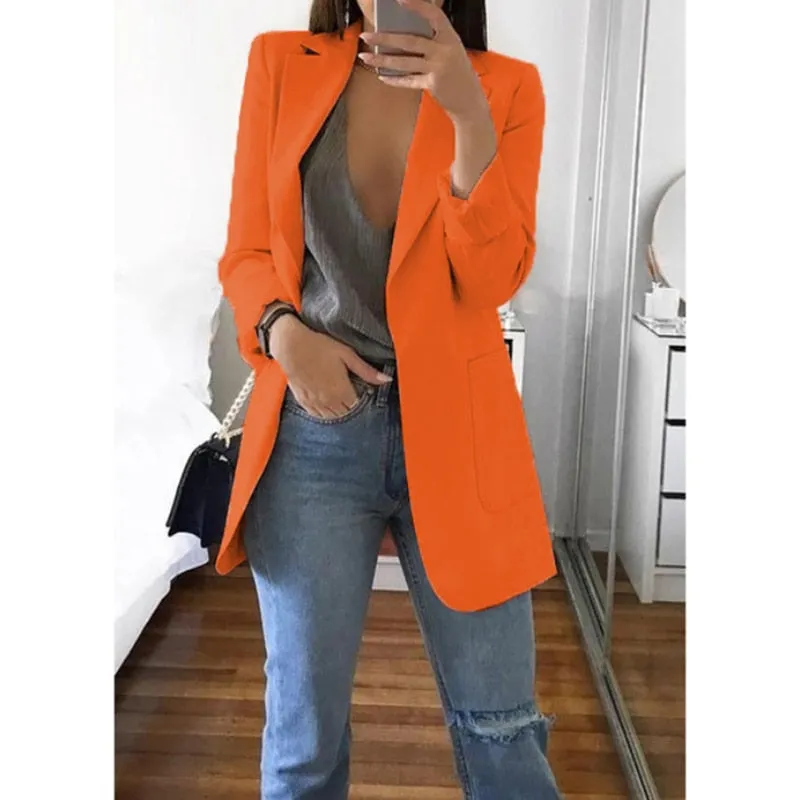 Fashionkova  Office Lady Blazer Coats Lapel Long Sleeve Solid Cardigan Jackets Black Plus Size Lining Pocket Suits Blazer 17 Colors